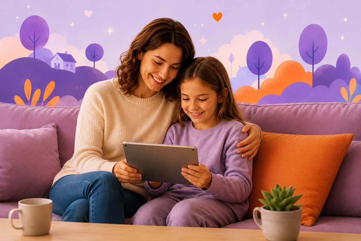 Madre e hija compartiendo un cuento de Vercuentos